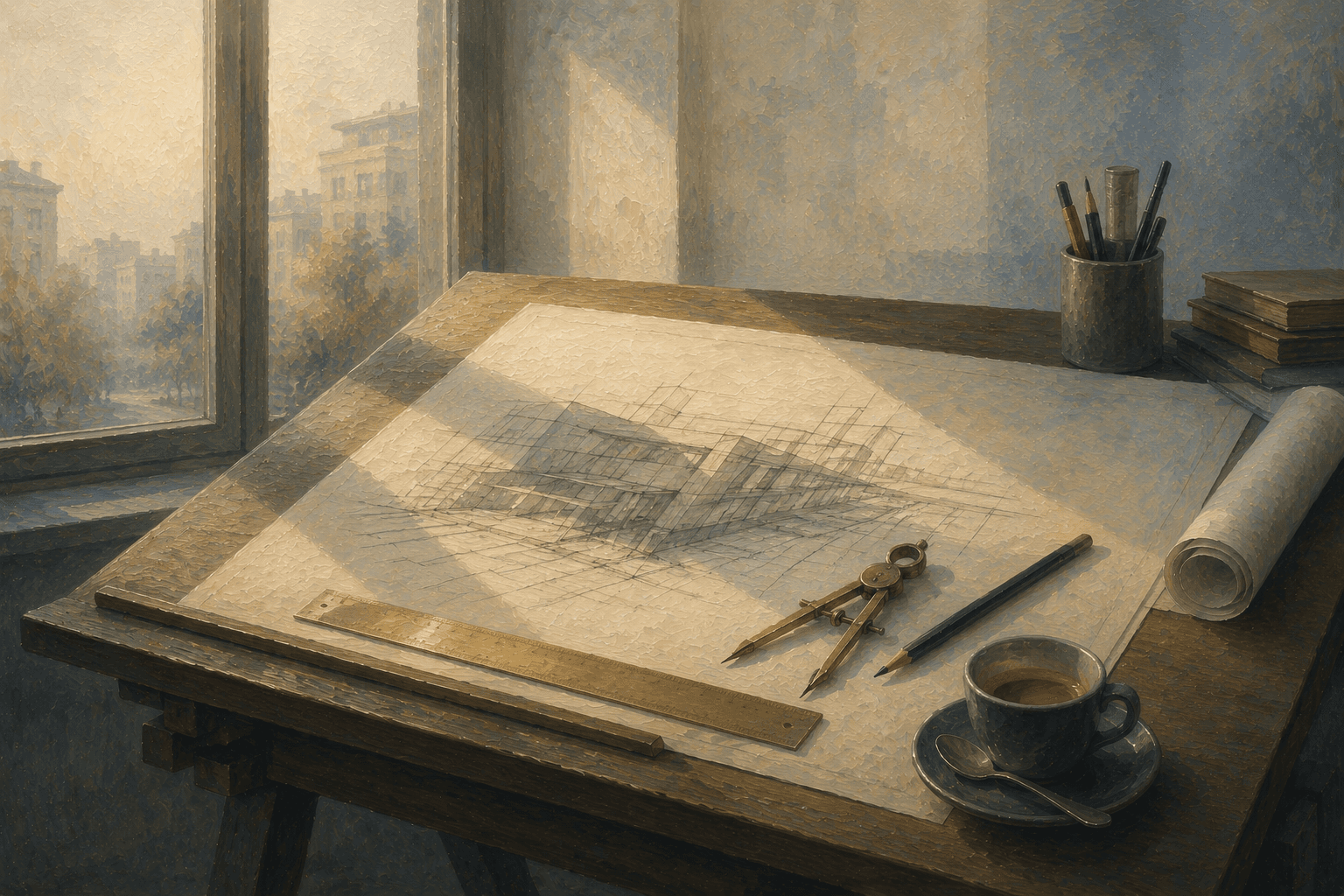 A drafting table by a tall window with a precise drawing in progress, compass, ruler and an espresso set neatly beside it: method and care before the work.