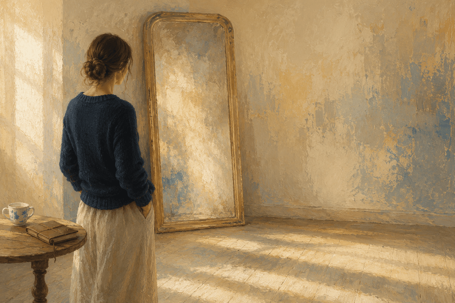 A figure in a navy knit standing before a tall, sunlit mirror in a quiet room — the moment of looking honestly at oneself.