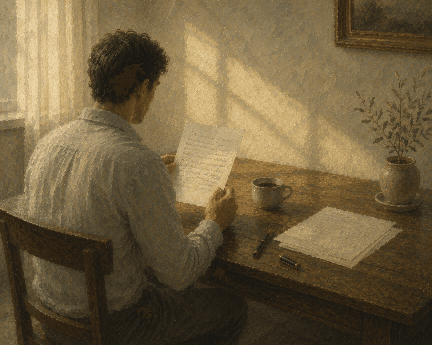 A figure at a sunlit wooden desk reading a single sheet of paper — the moment of taking in an honest report.