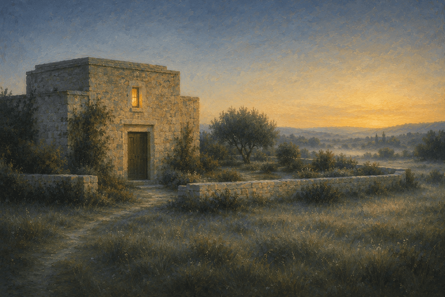 A small stone keep with a single warm-lit doorway, at dawn in a quiet meadow — protection by design rather than by force.