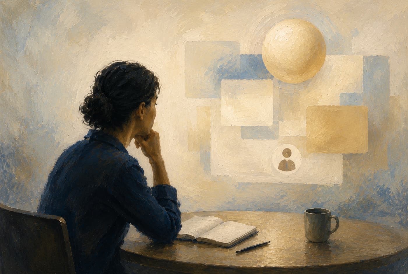 A professional pausing to reflect at a desk before a feedback round.