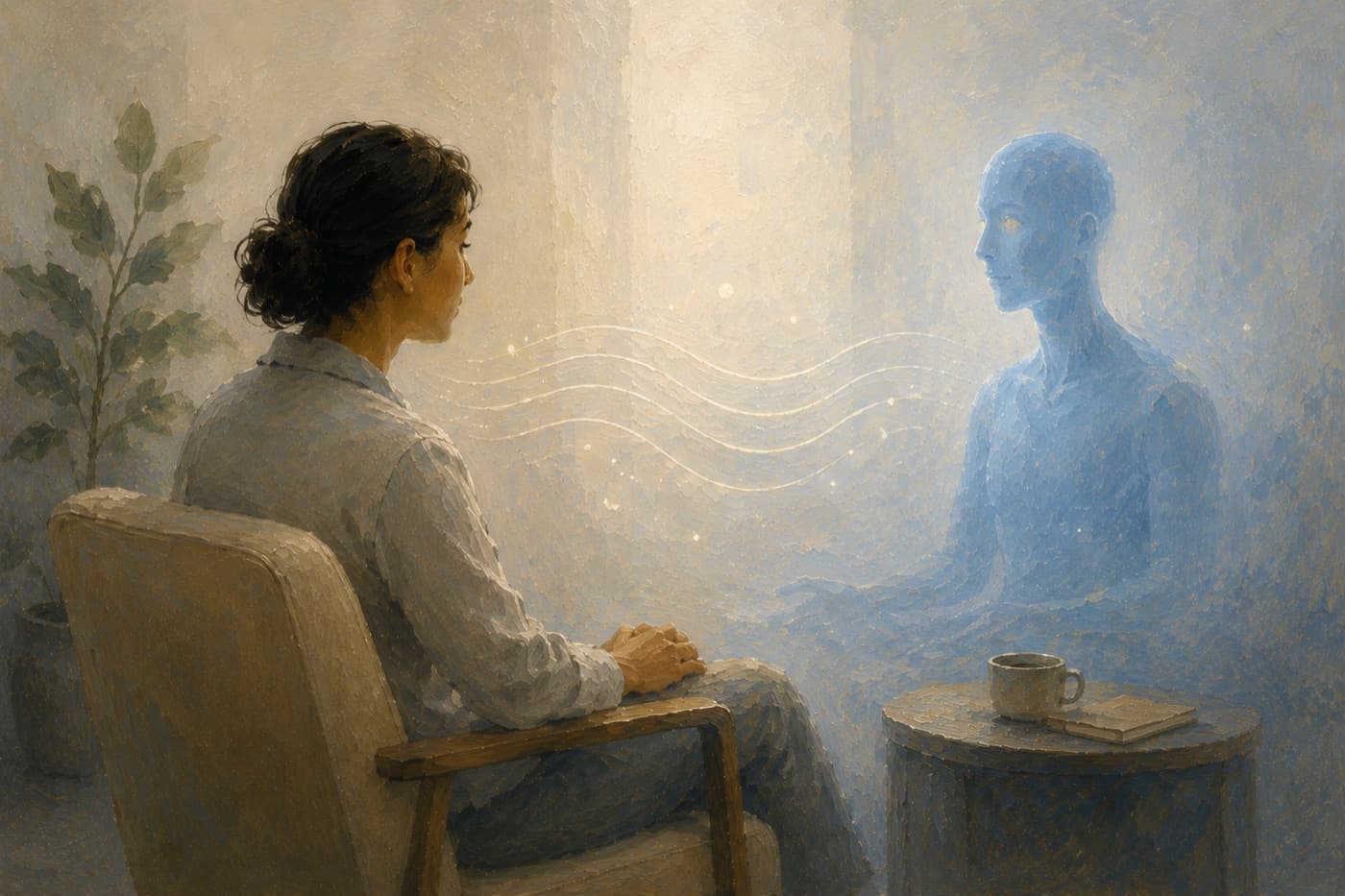 A person in a calm, confidential conversation with a neutral AI interviewer.