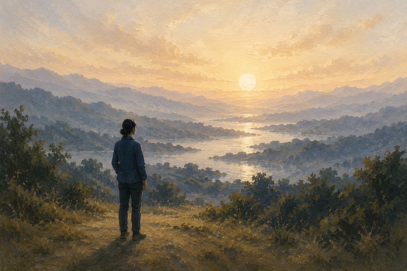 A person looking out over a clear horizon at sunrise.